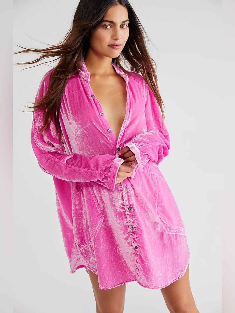 Free People We The Free Summer Daydream Velvet Buttondown Jelly Bean Pink Large